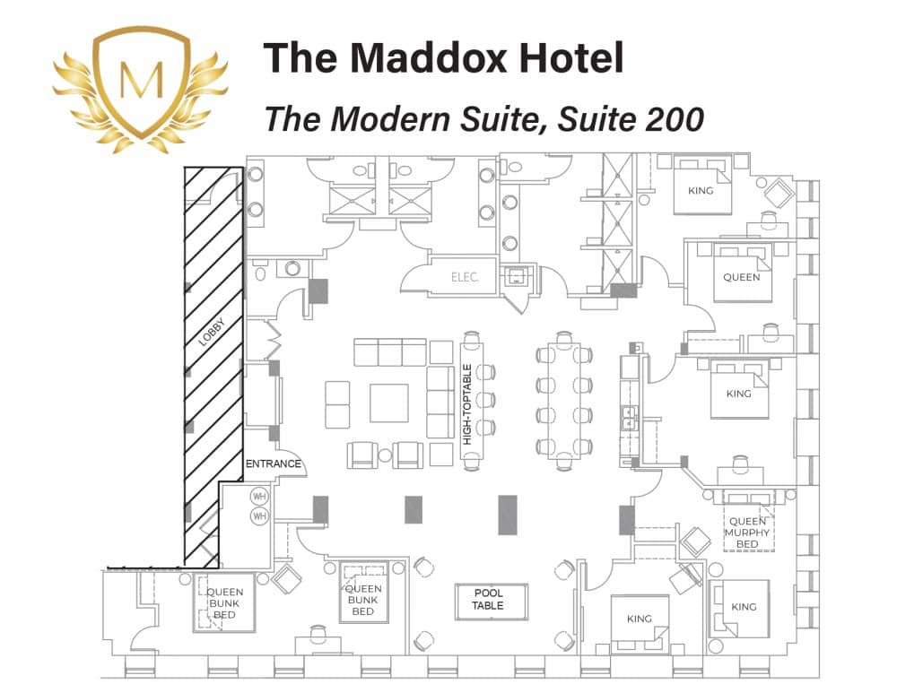 Floor plan of The Maddox Hotel's Modern Suite 200 with various labeled rooms and amenities.