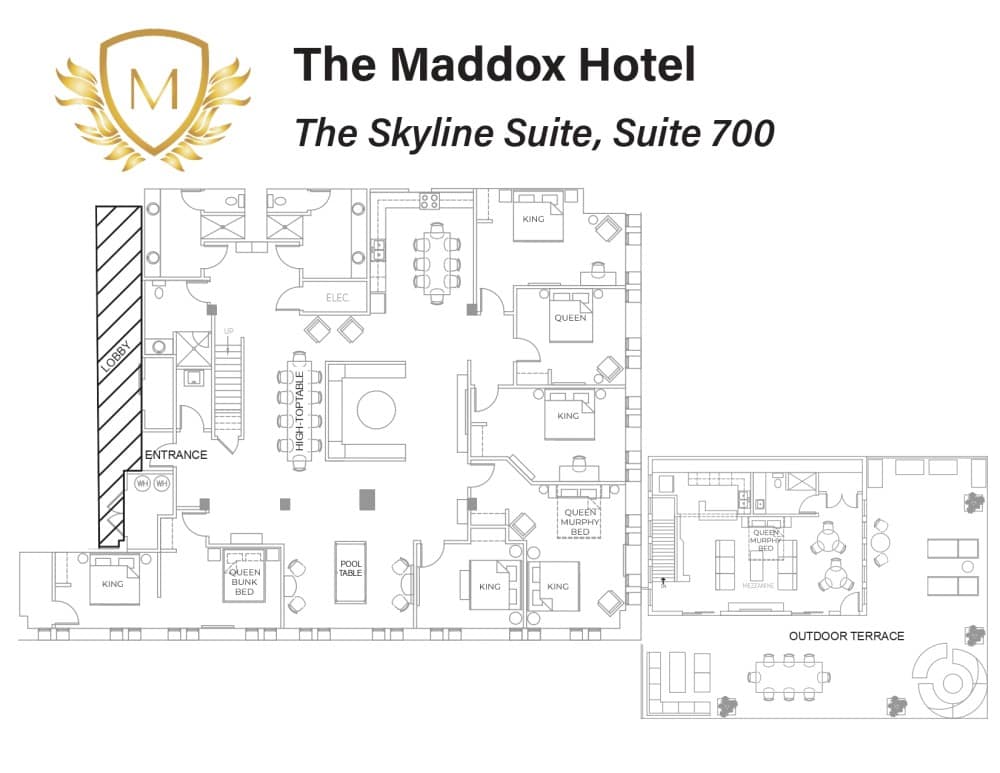 Floor plan of The Maddox Hotel's Skyline Suite 700, showing various rooms and amenities.