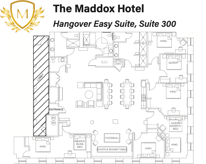 Floor plan of The Maddox Hotel Hangover Easy Suite, Suite 300, showing multiple king and queen beds, bunk beds, a Murphy bed, a lobby, an entrance, a foosball table, and a shuffleboard table.